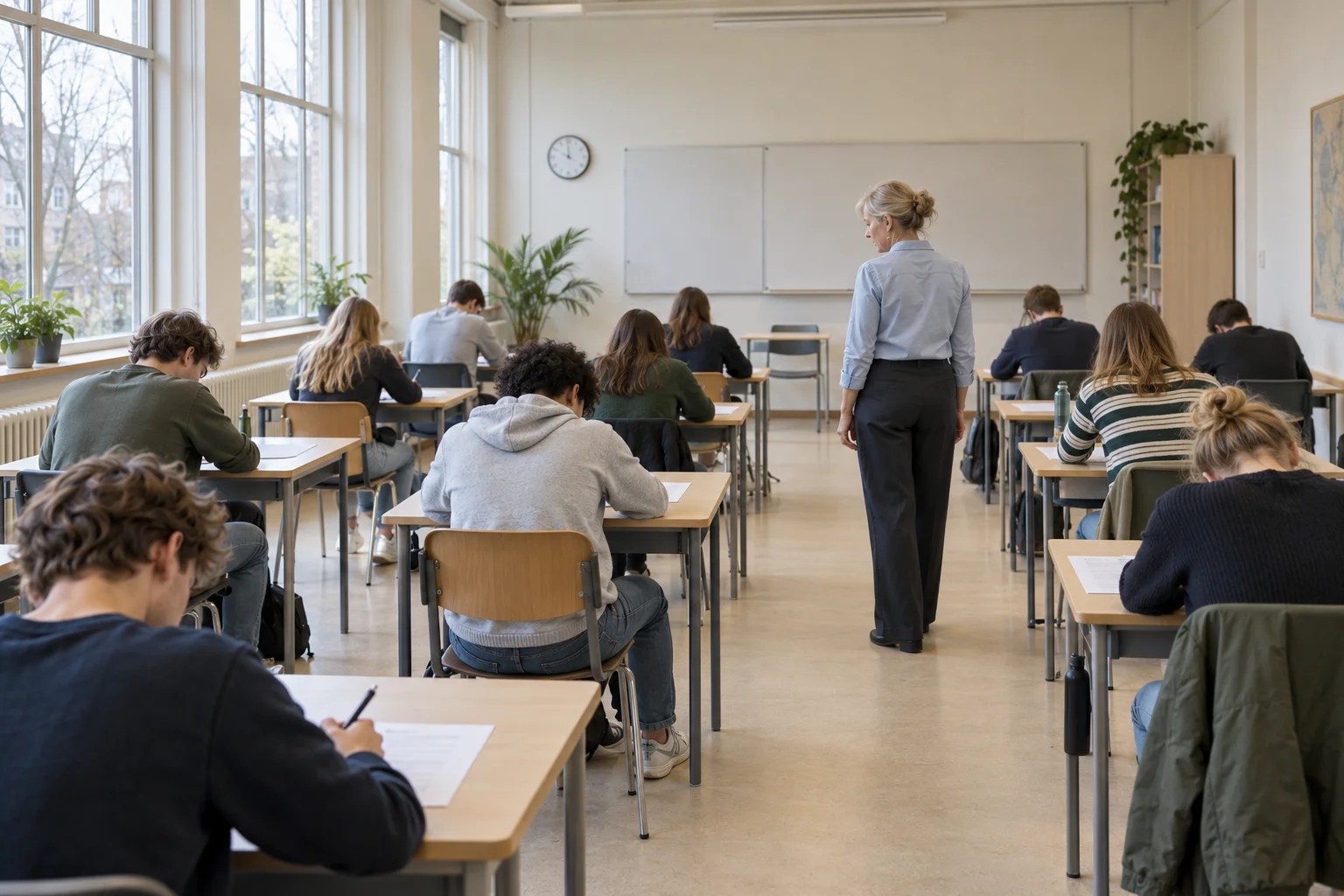 Illustratieve examenzaal met een surveillant en leerlingen die geconcentreerd werken